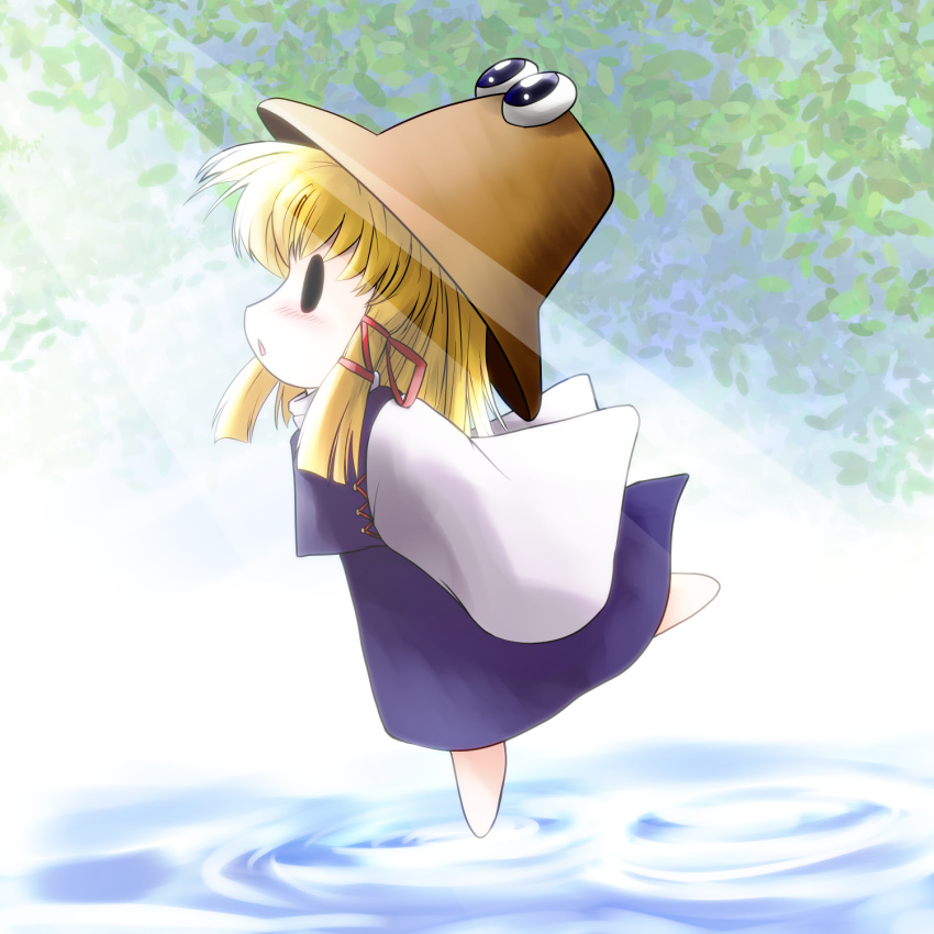 chibi hat highres moriya_suwako o_o ribbon standing_on_one_leg sunlight touhou yume_shokunin
