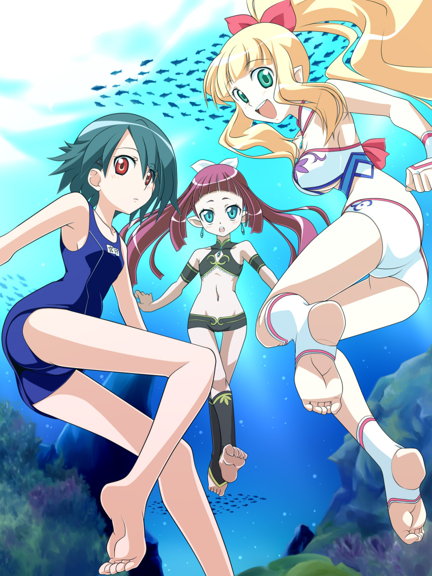 aqua_hair armband ass asymmetrical_hair barefoot bikini blonde_hair blue_eyes breasts bridal_gauntlets choker cleavage_cutout earrings error feet fish flat_chest green_eyes hair_ribbon highres jewelry kneehighs legs long_hair looking_back lowleg lowleg_bikini marin miyamori_kanon multiple_girls one-piece_swimsuit open_mouth pointy_ears ponytail purple_hair red_eyes ribbon santoh_takeshi santoo_takeshi school_swimsuit short_hair socks soles swimsuit thigh_gap toeless_socks twintails umi_monogatari under_boob underboob underwater urin_(umi_monogatari) water