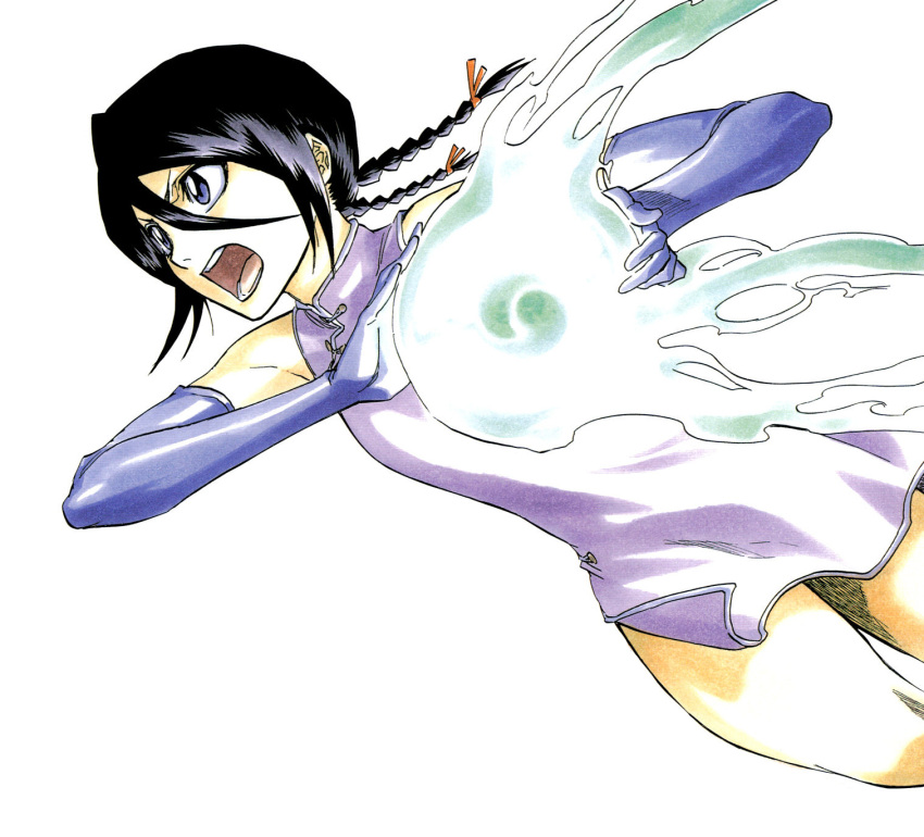 1girl bleach blue_eyes braids china_dress chinese_clothes dress elbow_gloves energy_ball female gloves hair_between_eyes highres kubo_taito kubo_tite kuchiki_rukia official_art open_mouth purple_dress short_dress simple_background sleeveless sleeveless_dress solo twin_braids white_background