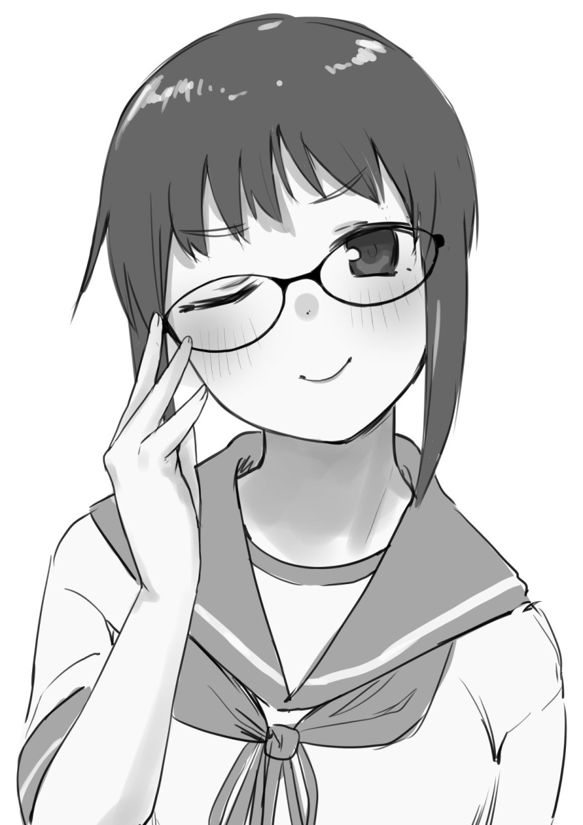 1girl bespectacled black_eyes commentary_request fubuki_(kancolle) glasses greyscale highres kantai_collection long_hair looking_at_viewer monochrome neckerchief one_eye_closed sailor_collar sakieko school_uniform serafuku solo upper_body