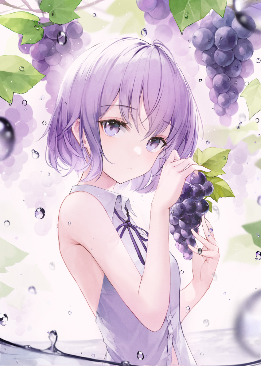 1girl absurdres bare_arms bare_shoulders blurry breasts bubble closed_mouth collared_shirt crystalherb depth_of_field expressionless food fruit grapes hands_up highres looking_at_viewer neck_ribbon original partially_unbuttoned purple_hair purple_neckwear purple_theme ribbon shirt short_hair sleeveless sleeveless_shirt small_breasts solo upper_body violet_eyes white_shirt