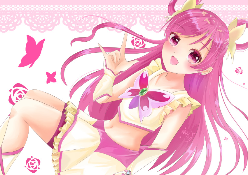 1girl absurdres animal_print blush butterfly_ornament butterfly_print commentary cure_dream floral_print hair_ornament hair_rings highres long_hair looking_at_viewer midriff navel patterned_background pink_eyes pink_hair precure riri526perc-lov rose_print skirt smile solo stomach w yellow_crop_top yellow_legwear yellow_skirt yes!_precure_5 yumehara_nozomi