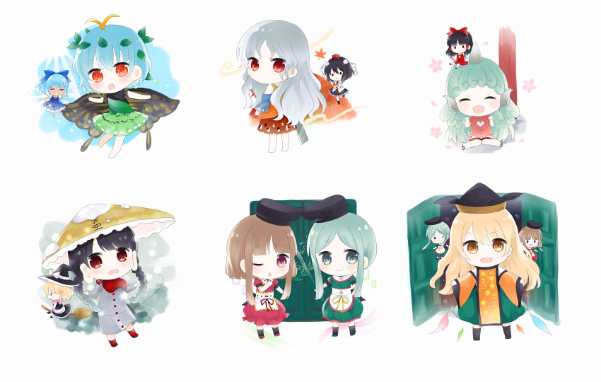 6+girls absurdres apron arms_up autumn autumn_leaves bamboo bangs bare_shoulders barefoot black_dress black_eyes black_footwear black_hair black_headwear black_legwear black_skirt blonde_hair blue_dress blue_sky blue_sleeves blush boots bow braid broom broom_riding brown_hair brown_headwear butterfly_wings buttons cape chibi cirno closed_eyes closed_mouth collar dark_skin door dress energy eternity_larva eyebrows_visible_through_hair eyes_visible_through_hair flower flying from_behind green_dress green_eyes green_footwear green_hair green_skirt green_sleeves grey_dress grey_sleeves ground hair_between_eyes hair_tubes hakurei_reimu hand_up hands_up hat hat_bow heart heart_print hidden_star_in_four_seasons highres holding horns ice ice_wings kirisame_marisa knife komano_aunn leaf leaf_on_head long_sleeves looking_at_another looking_at_viewer matara_okina medium_hair multicolored multicolored_clothes multicolored_dress multiple_girls nishida_satono no_hat no_headwear one_eye_closed open_mouth orange_cape orange_dress orange_eyes orange_sleeves pink_bow pink_dress pink_flower pink_footwear pink_neckwear pink_scarf pink_sleeves plant pom_pom_(clothes) puffy_short_sleeves puffy_sleeves red_bow red_collar red_dress red_eyes red_footwear red_headwear red_scarf red_shirt red_shorts sakata_nemuno scarf seiza shameimaru_aya shirt shoes short_hair short_sleeves shorts silver_hair simple_background single_horn sitting sitting_on_person skirt sky smile snow snowing socks spring_(season) standing summer sun sun_symbol sunflower tanned_cirno teireida_mai touhou twin_braids umi_(nana_spring) white_apron white_background white_bow white_collar white_legwear white_shirt white_sleeves wings winter witch_hat yatadera_narumi yellow_bow yellow_eyes yellow_headwear yellow_neckwear