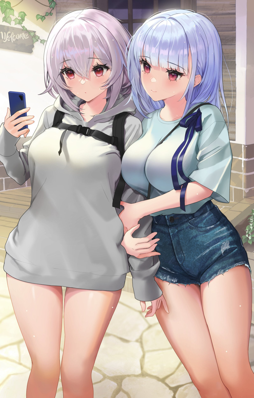 2girls absurdres azur_lane backpack bag bangs blue_shirt blunt_bangs breasts casual cellphone denim denim_shorts dido_(azur_lane) eyebrows_visible_through_hair grey_hoodie highres holding holding_another holding_phone hood hoodie large_breasts long_hair looking_at_phone medium_hair multiple_girls nanam_(nanam_sk) outdoors phone pink_eyes purple_hair shirt short_shorts short_sleeves shorts silver_hair sirius_(azur_lane) smartphone smile thighs