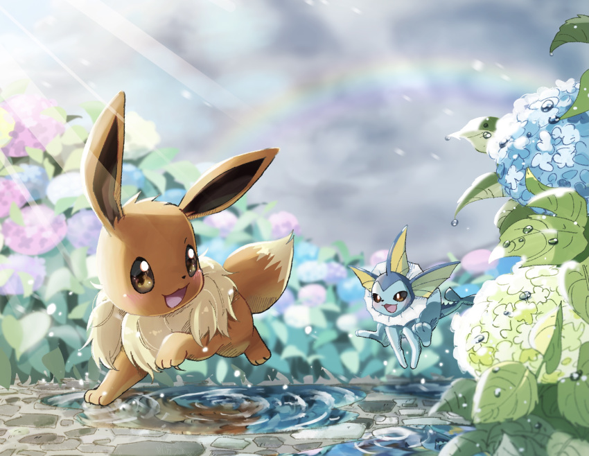 :d blush brown_eyes commentary_request day eevee gen_1_pokemon highres leaf light_rays nako_(nekono_shippo75) no_humans open_mouth outdoors paws plant pokemon pokemon_(creature) puddle rainbow running smile toes tongue vaporeon water
