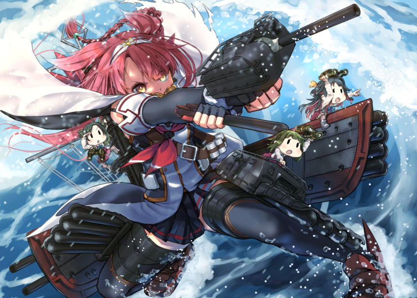 4girls adapted_turret ahoge asymmetrical_bangs bangs black_gloves black_legwear black_skirt blue_eyes braid cannon elbow_gloves fairy_(kancolle) fingerless_gloves gloves hair_flaps hairband holding holding_torpedo kantai_collection kawakaze_(kancolle) loafers long_hair minigirl miniskirt multiple_girls neckerchief pleated_skirt redhead remodel_(kantai_collection) rigging scarf shirt shoes size_difference skirt sleeveless sleeveless_shirt thigh-highs torpedo torpedo_launcher twin_braids very_long_hair white_hairband white_scarf yellow_eyes zombie_mogura