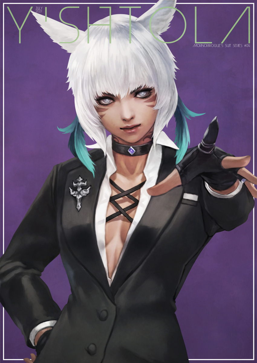 1girl absurdres animal_ears bangs black_choker black_gloves black_suit blazer breasts cat_ears character_name choker collared_shirt dark-skinned_female dark_skin english_commentary facial_mark final_fantasy final_fantasy_xiv gloves grey_eyes hand_on_hip highres jacket looking_at_viewer miqo'te mismatched_eyebrows monori_rogue outstretched_hand partially_fingerless_gloves plunging_neckline pointing pointing_at_viewer purple_background shirt short_hair small_breasts solo whisker_markings white_background white_hair white_shirt y'shtola_rhul