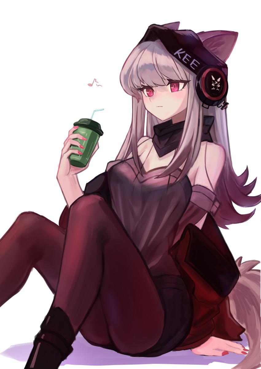 1girl absurdres animal_ears arknights bare_shoulders beanie black_collar black_footwear black_headwear boots collar commentary_request cup disposable_cup foot_out_of_frame fox_ears fox_girl fox_tail frostleaf_(arknights) grey_hair hat headphones highres holding holding_cup knees_up legs_apart long_hair looking_at_viewer musical_note nail_polish off_shoulder pantyhose phone red_eyes red_legwear red_nails shino_duka sitting solo tail