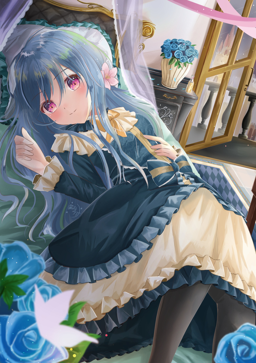 1girl absurdres balcony bed black_legwear blue_dress blush commentary_request dress flower frills hair_flower hair_ornament highres indoors light_blue_hair lolita_fashion long_hair looking_at_viewer original pantyhose red_eyes riri526perc-lov smile solo vase