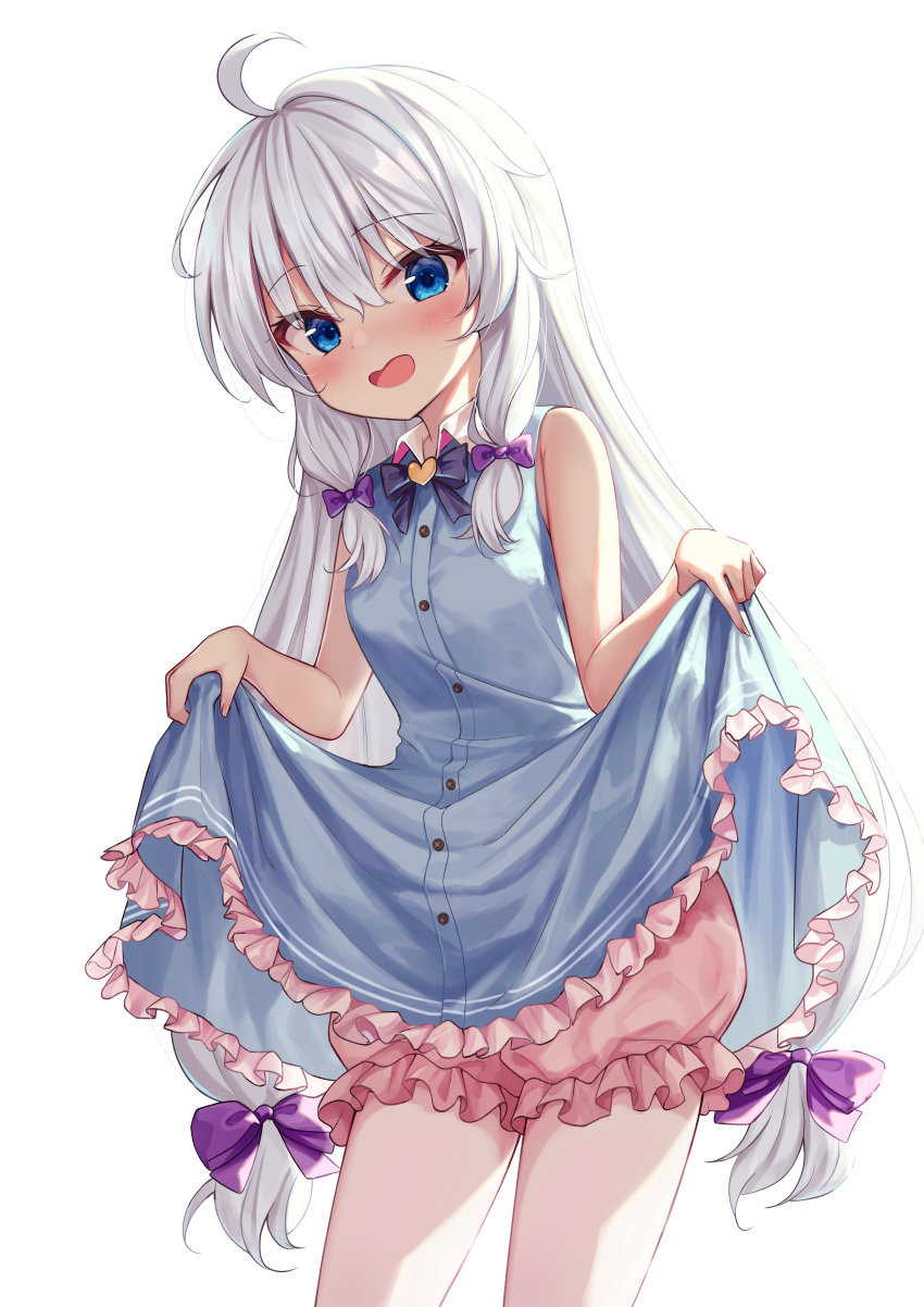 1girl absurdres ahoge bloomers blue_dress blue_eyes blush bow clothes_lift dress dress_lift eyebrows_visible_through_hair hair_bow highres huge_filesize lifted_by_self long_hair open_mouth pink_bloomers rangtori ribbon silver_hair sleeveless sleeveless_dress small_breasts smile solo soul_worker stella_unibell underwear
