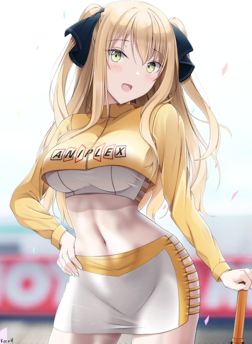 1girl aniplex ao_no_kanata_no_four_rhythm artist_name bangs black_ribbon blonde_hair blurry blurry_background blush breasts commentary cowboy_shot crop_top cropped_jacket eyebrows_visible_through_hair hair_ribbon hand_on_hip highres keenh large_breasts long_hair long_sleeves looking_at_viewer midriff navel open_mouth pencil_skirt ribbon satouin_reiko signature skirt smile solo standing stomach two_side_up white_skirt yellow_eyes