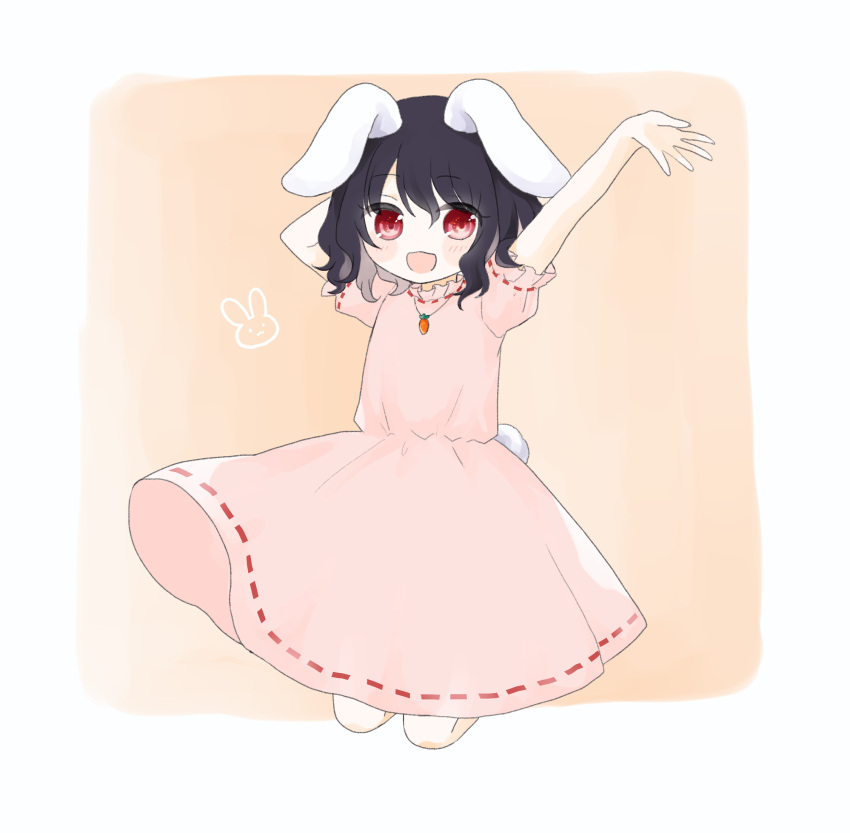 1girl animal animal_ears arms_behind_back arms_up bangs black_hair blush border bunny_tail carrot_necklace closed_mouth dress eyebrows_visible_through_hair eyes_visible_through_hair hair_between_eyes hands_up highres inaba_tewi jumping looking_to_the_side open_mouth orange_background pink_dress pink_sleeves puffy_short_sleeves puffy_sleeves rabbit rabbit_ears red_eyes short_hair short_sleeves simple_background smile solo tail touhou umi_(nana_spring) white_border