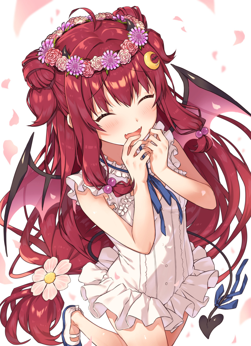 1girl :d ^_^ ahoge bangs blue_bow blush bow closed_eyes commentary_request crescent crescent_hair_ornament demon_girl demon_tail demon_wings double_bun dress eyebrows_visible_through_hair fangs flower flower_wreath hair_between_eyes hair_bobbles hair_flower hair_ornament hands_up head_wreath highres long_hair nijisanji open_mouth otou_mamayo petals purple_flower red_flower red_rose redhead rose shoes simple_background sleeveless sleeveless_dress smile solo standing standing_on_one_leg tail tail_bow tail_ornament two_side_up very_long_hair virtual_youtuber white_background white_dress white_flower white_footwear white_rose wings yuzuki_roa