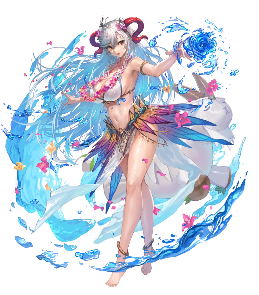 1girl bangs bare_shoulders bikini blue_hair breasts fire_emblem fire_emblem_heroes freyja_(fire_emblem) full_body highres horns large_breasts long_hair multicolored_hair official_art red_eyes silver_hair solo swimsuit transparent_background yoshiku_(oden-usagi)