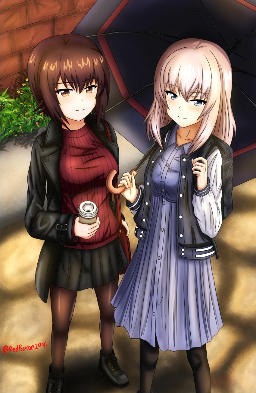 2girls backpack bag bangs black_coat black_footwear black_jacket black_legwear black_skirt black_umbrella blue_dress blue_eyes brown_eyes brown_hair carrying casual closed_mouth coat coffee_cup collared_dress commentary cup day disposable_cup dress eyebrows_visible_through_hair girls_und_panzer half-closed_eyes handbag highres holding holding_cup holding_umbrella itsumi_erika jacket letterman_jacket long_sleeves looking_at_viewer medium_dress medium_hair miniskirt multiple_girls nishizumi_maho open_clothes open_coat open_jacket outdoors pantyhose pleated_skirt red_sweater redbaron ribbed_sweater shoes short_hair side-by-side silver_hair skirt smile standing sweater twitter_username umbrella wing_collar