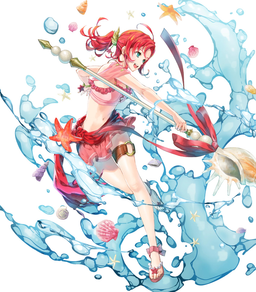 1girl aqua_eyes bikini fire_emblem fire_emblem:_mystery_of_the_emblem fire_emblem_heroes full_body hair_ornament highres holding holding_weapon jewelry kaya8 long_hair norne_(fire_emblem) official_art polearm redhead solo spear swimsuit tied_hair transparent_background weapon