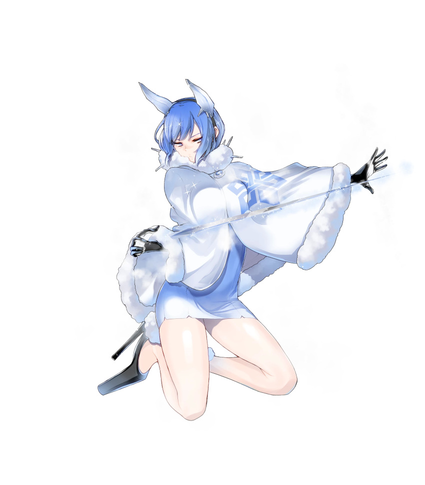 1girl bangs black_gloves blue_eyes blue_hair breasts cape capelet closed_mouth dress fire_emblem fire_emblem_heroes full_body fur_trim gloves gradient gradient_hair hair_ornament high_heels highres ice kneeling looking_away multicolored_hair nilf_(fire_emblem_heroes) official_art pale_skin shiny shiny_hair shiny_skin short_dress short_hair solo sparkle transparent_background white_cape white_hair yasuda_suzuhito