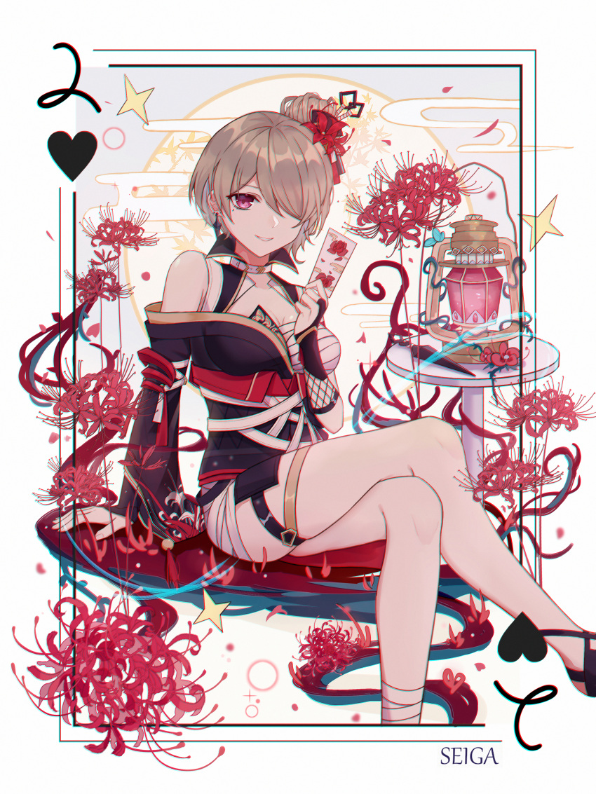 1girl absurdres bangs brown_hair crossed_legs flower grin hair_ornament hair_over_one_eye highres holding honkai_(series) honkai_impact_3rd huge_filesize japanese_clothes kimono looking_at_viewer mole mole_under_eye red_flower rita_rossweisse rita_rossweisse_(umbral_rose) seigaaaa short_hair smile solo spider_lily teeth violet_eyes