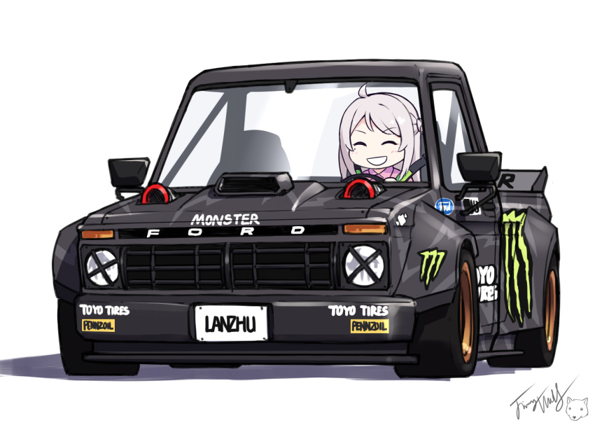 1girl ^_^ ahoge bangs blush braid car character_name closed_eyes commentary_request driving eyebrows_visible_through_hair facing_viewer ford ford_f-150 grey_hair grin ground_vehicle langbazi license_plate long_hair love_live! love_live!_nijigasaki_high_school_idol_club mole mole_under_eye monster_energy motor_vehicle shadow signature smile solo v-shaped_eyebrows white_background zhong_lanzhu