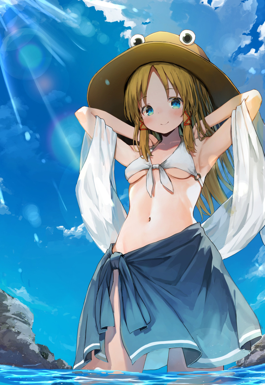 1girl absurdres armpits arms_up bikini blonde_hair blue_sarong blush breasts closed_mouth cowboy_shot front-tie_bikini front-tie_top hat highres lens_flare long_hair looking_at_viewer mamemochi moriya_suwako ocean sarong shore sidelocks small_breasts smile solo stole summer sunlight swimsuit touhou under_boob wading white_bikini