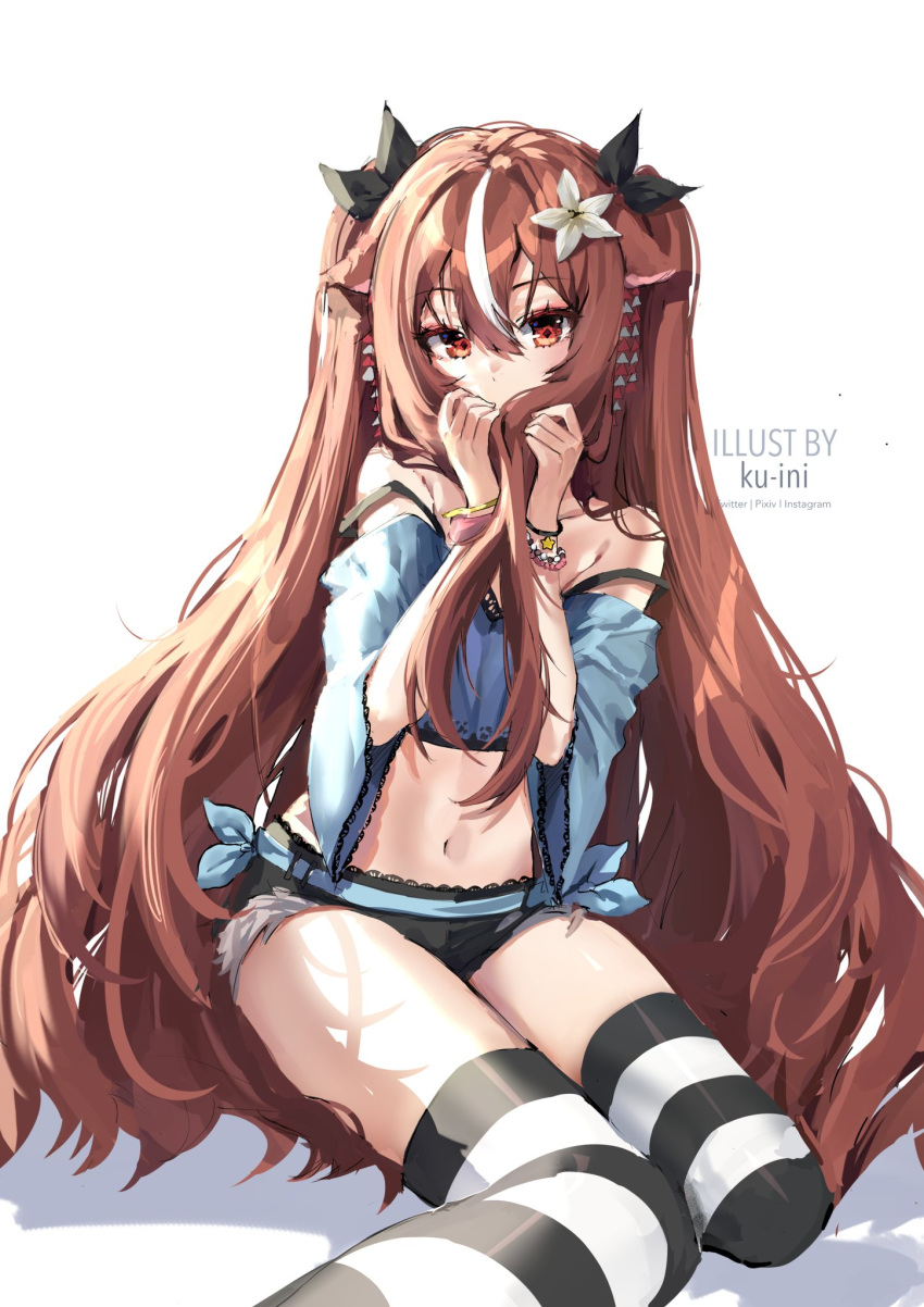 1girl animal_ears bare_shoulders black_shorts blue_shirt brown_hair covering_mouth crop_top cutoffs flower hair_flower hair_ornament hair_ribbon highres indie_virtual_youtuber kanzashi ku-ini lilya_kyomi_(fiwivt) long_hair looking_at_viewer micro_shorts midriff multicolored_hair navel off-shoulder_shirt off_shoulder ribbon shirt shorts sidelocks simple_background sitting solo stomach strap_slip streaked_hair striped striped_legwear thigh-highs thighs very_long_hair virtual_youtuber white_background wide_sleeves