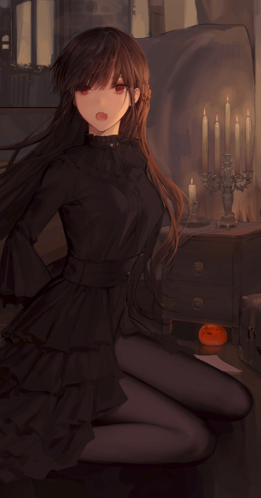 1girl absurdres black_dress black_legwear blush braid brown_hair cabinet candelabra candle copyright_request dress fang french_braid highres long_hair long_sleeves looking_at_viewer open_mouth oyabuli pantyhose red_eyes sitting skin_fang solo wariza