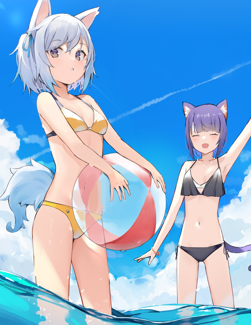 2girls ^_^ ^o^ absurdres animal_ears ball beachball bikini black_bikini blue_hair blue_sky breasts cat_ears cat_girl cat_tail closed_eyes clouds cloudy_sky commentary dutch_angle fang hand_up highres holding holding_ball holding_beachball looking_at_viewer midriff multiple_girls navel original paw_print purple_hair ryou_(ponpgo) short_hair skin_fang sky small_breasts swimsuit tail wading water waving wet wolf_ears wolf_girl wolf_tail wristband yellow_bikini