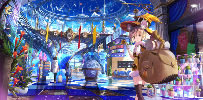 6+girls absurdres animal_ear_fluff animal_ears backpack bag bangs black_legwear blonde_hair cactus checkered checkered_floor chess_piece chinese_commentary clock clover_theater commentary_request dress fish fish_tank fur-trimmed_dress fur_trim globe gloves hair_between_eyes haruru_(clover_theater) hat highres huge_filesize indoors king_(chess) looking_at_viewer looking_back multiple_girls plant potted_plant prinz_eugen1938 short_hair single_thighhigh standing tail thigh-highs witch_hat yellow_dress