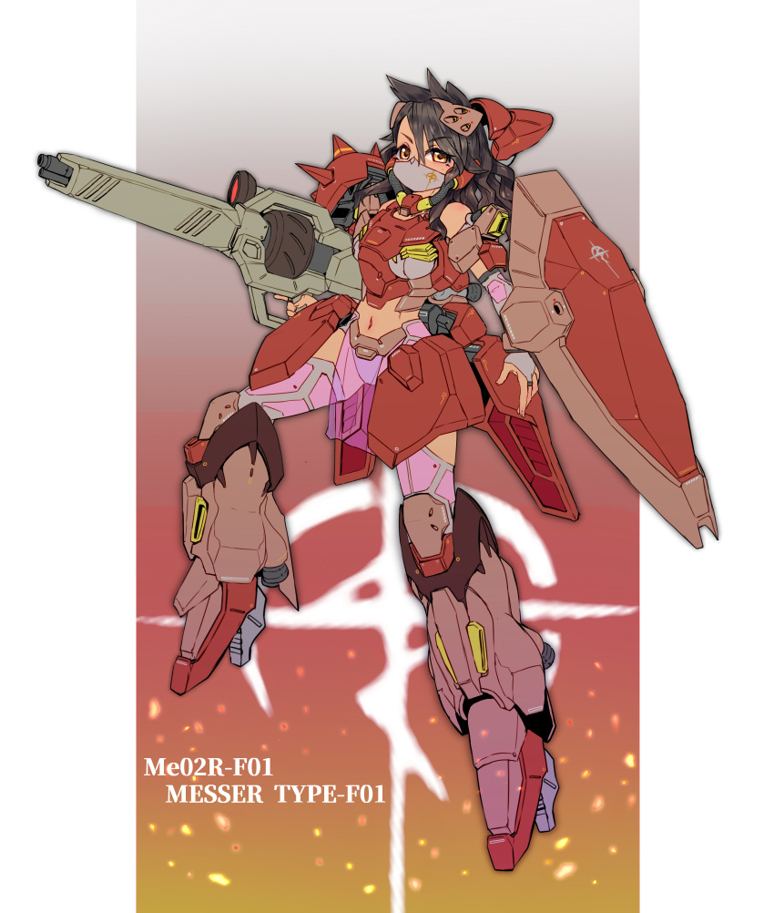 1girl absurdres ag_00000 beam_rifle breasts brown_eyes brown_hair character_name dark-skinned_female dark_skin energy_gun eyebrows_visible_through_hair gun gundam gundam_hathaway's_flash hair_between_eyes high_heels highres holding holding_gun holding_weapon looking_at_viewer mask mecha_musume medium_breasts messer_(mobile_suit) mouth_mask navel open_hand pelvic_curtain personification science_fiction solo weapon