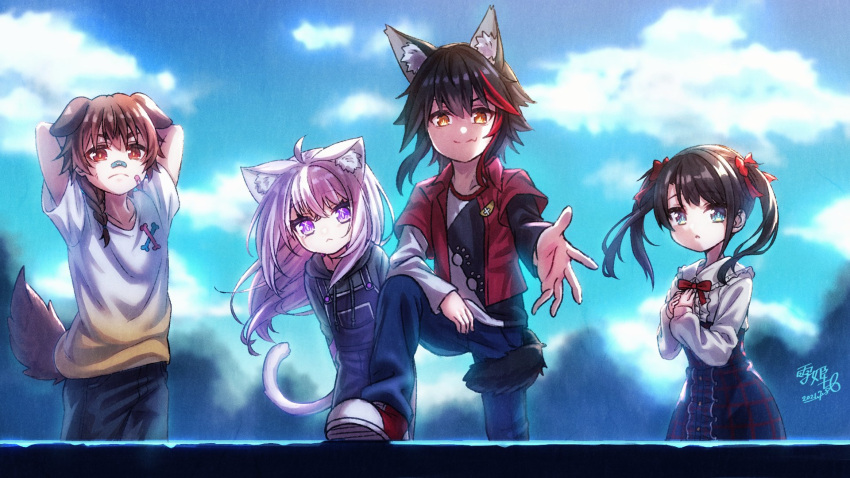 2boys 2girls animal_ears beckoning blue_sky calzooone cat_ears cat_girl cat_tail child cowboy_shot dog_boy dog_ears dog_tail genderswap genderswap_(ftm) highres hololive inugami_korone multiple_boys multiple_girls nekomata_okayu ookami_mio oozora_subaru reaching_out signature sky tail tail_around_leg tail_wrap virtual_youtuber wolf_boy wolf_ears wolf_tail younger