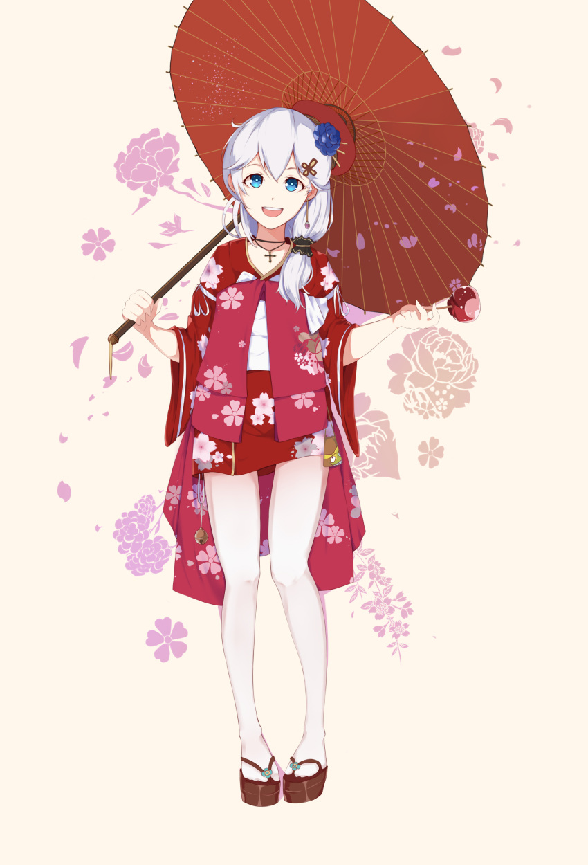 1girl 495-nen_no_nami :d absurdres bag bangs beige_background blue_eyes blue_flower candy candy_apple flower food full_moon hair_between_eyes hair_ornament handbag highres holding holding_food honkai_(series) honkai_impact_3rd japanese_clothes kimono leggings looking_at_viewer moon oil-paper_umbrella open_mouth petals rosary side_ponytail simple_background smile solo standing teeth theresa_apocalypse umbrella white_hair white_legwear