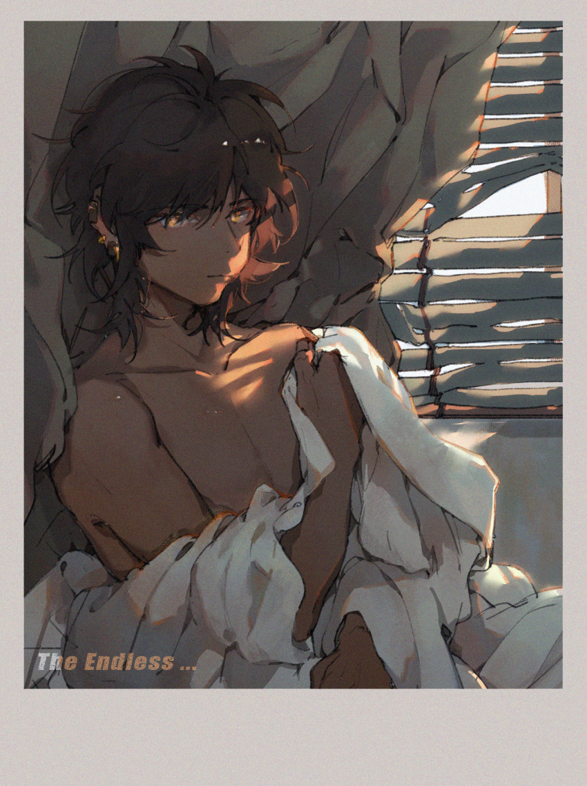 1boy arknights bed_sheet blinds border brown_hair closed_mouth collarbone curtains dark-skinned_male dark_skin earrings english_text eyebrows_visible_through_hair eyes_visible_through_hair film_grain fingernails highres indoors jewelry male_focus nude solo thorns_(arknights) tkm_(1322323425) window yellow_eyes
