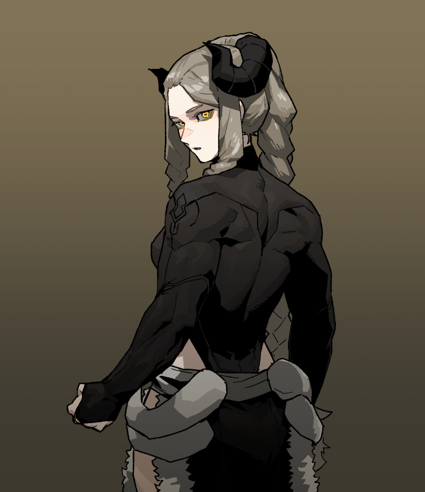 1girl black_horns black_shirt braid brown_background clenched_hand from_behind gogalking gradient gradient_background highres horizontal_pupils horns looking_at_viewer looking_back multiple_braids original shadow shirt solo upper_body ur-bracka_(gogalking) yellow_eyes