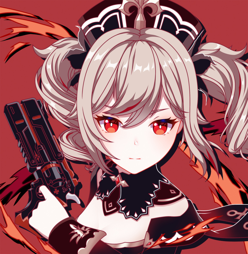 1girl alternate_color alternate_eye_color barbara_(genshin_impact) blonde_hair genshin_impact gun highres holding holding_gun holding_weapon pomo910 red_eyes revolver weapon