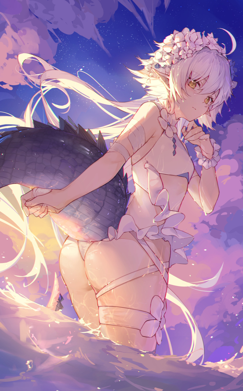 1girl absurdres ahoge arknights ass crocodilian_tail flower from_behind hair_flower hair_ornament hand_up head_wreath highres kotatsu_kaya long_hair looking_at_viewer looking_back pointy_ears sky solo swimsuit tail tomimi_(arknights) tomimi_(silent_night)_(arknights) wading white_hair white_swimsuit yellow_eyes
