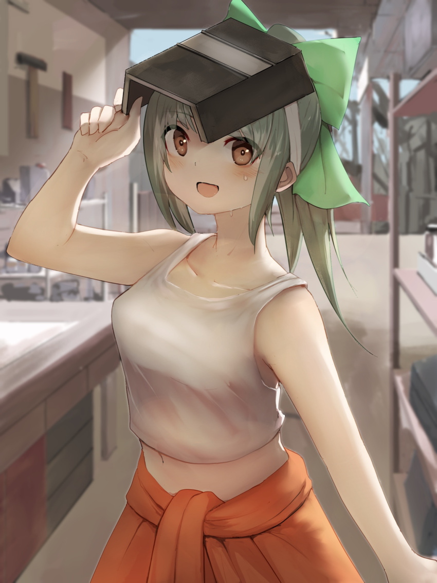 1girl blurry bow brown_eyes depth_of_field green_bow grey_hair hair_bow highres honmakaina_kudou jumpsuit_around_waist kantai_collection long_hair mask mask_on_head midriff navel ponytail smile solo tank_top upper_body welding_mask yuubari_(kancolle)