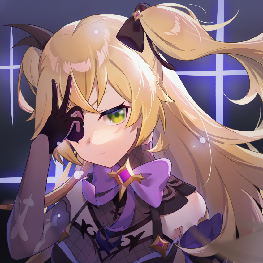 1girl bare_shoulders black_bow black_gloves blonde_hair blurry blurry_foreground bow bowtie closed_eyes closed_mouth diffraction_spikes eyepatch fischl_(genshin_impact) genshin_impact gloves green_eyes hair_bow hand_over_eye highres long_hair multicolored multicolored_clothes multicolored_gloves purple_bow purple_gloves smile solo turtleneck twintails two-tone_gloves upper_body weird_did_you_paint_today?