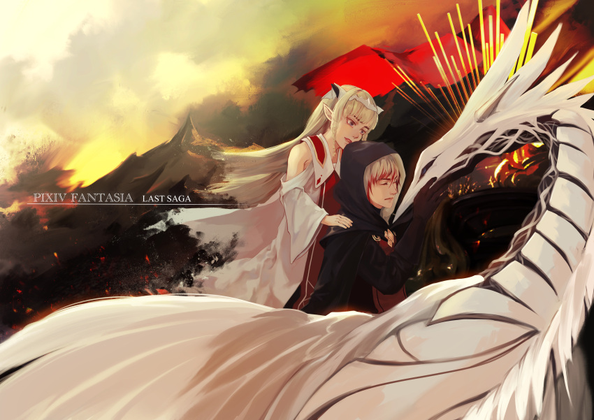 1boy 1girl absurdres black_gloves blonde_hair braid closed_eyes copyright_name detached_sleeves dragon ezel_the_king_of_fire_and_iron falia_the_queen_of_the_mountains gloves hand_up highres hood huge_filesize llan mountain multicolored_hair outdoors pixiv_fantasia pixiv_fantasia_last_saga pointy_ears redhead sidelocks streaked_hair tiara twin_braids two-tone_hair