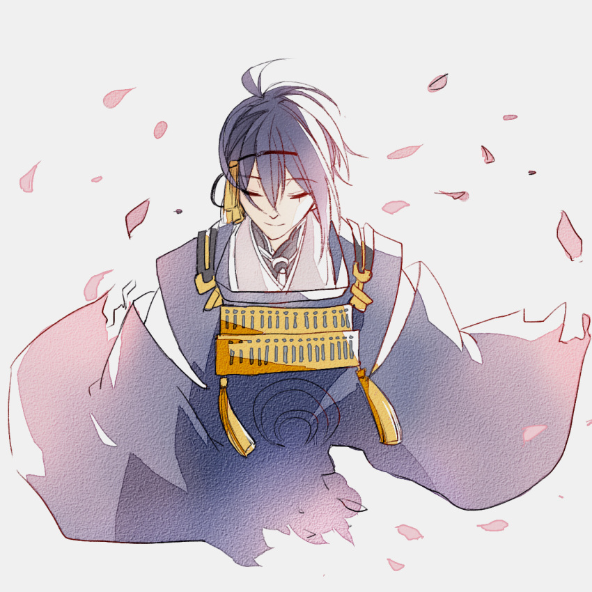 1boy armor blue_hair closed_eyes closed_mouth crescent grey_background hair_ornament japanese_clothes long_sleeves male_focus mikazuki_munechika petals simple_background smile solo tkm_(1322323425) touken_ranbu wide_sleeves