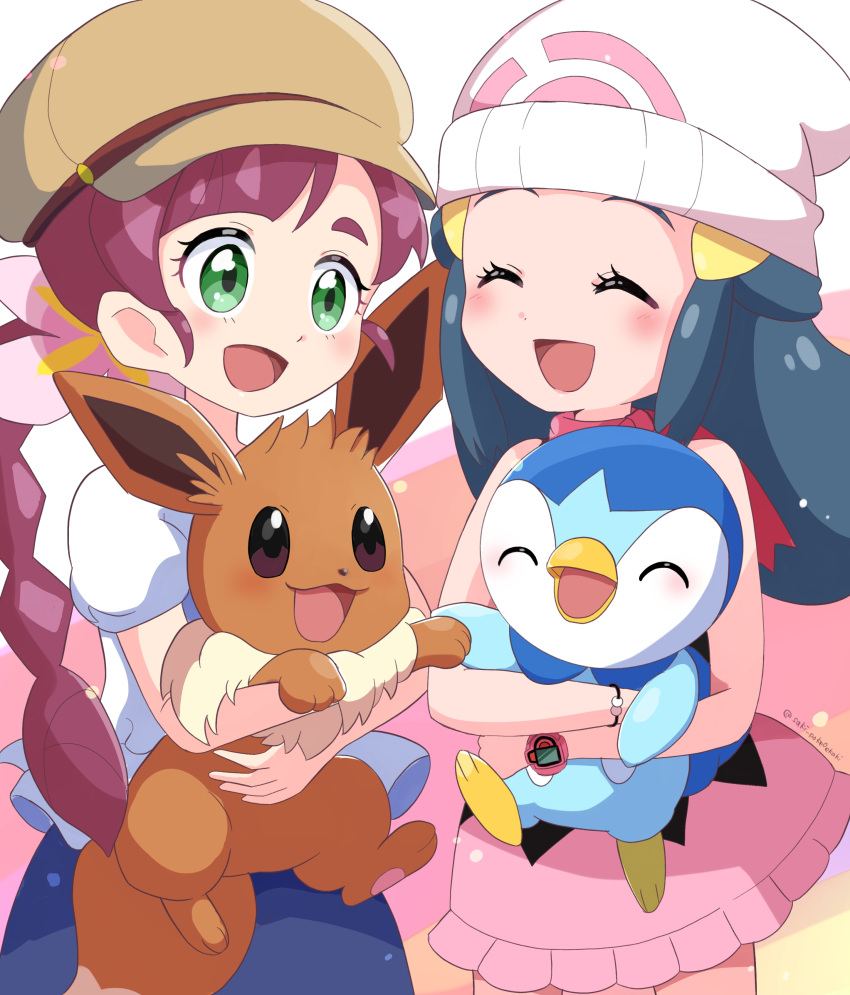 2girls :d ^_^ absurdres artist_name bare_shoulders beanie black_shirt blue_hair blue_skirt blush braid braided_ponytail brown_headwear chloe_(pokemon) closed_eyes hikari_(pokemon) eevee flower gen_1_pokemon gen_4_pokemon green_eyes hair_flower hair_ornament hairclip hat highres holding holding_pokemon long_braid multiple_girls open_mouth pink_flower pink_skirt piplup poke_ball_symbol pokemon pokemon_(anime) pokemon_(creature) pokemon_dppt_(anime) pokemon_swsh_(anime) poketch purple_hair red_scarf saki_pokeoekaki scarf shirt skirt sleeveless sleeveless_shirt smile twitter_username watch watch white_headwear white_shirt