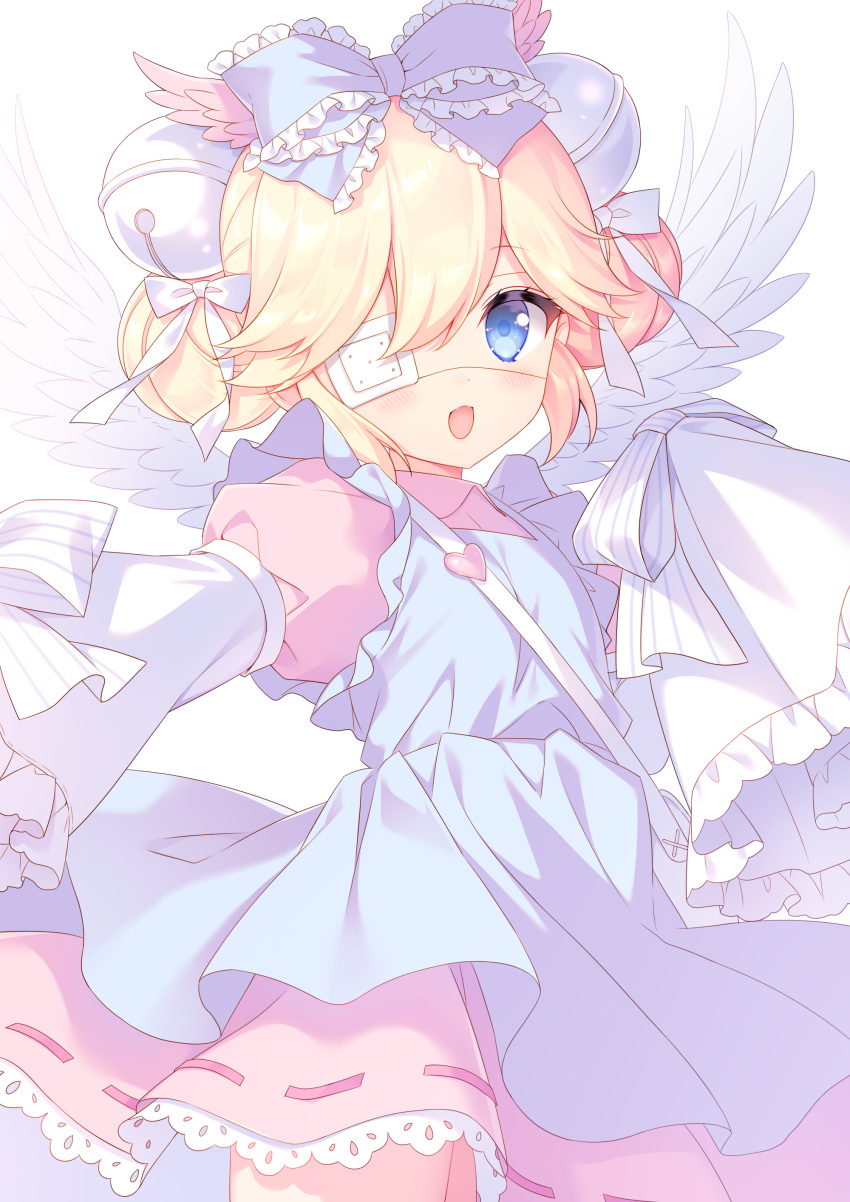 1girl :d absurdres apron bangs bell blonde_hair blue_apron blue_bow blue_eyes bow collared_dress commentary_request commission cutesu_(cutesuu) double_bun dress eyepatch feathered_wings frilled_apron frilled_bow frilled_sleeves frills hair_bell hair_between_eyes hair_bow hair_ornament highres jingle_bell layered_sleeves long_sleeves looking_at_viewer medical_eyepatch open_mouth original pink_dress pixiv_request puffy_short_sleeves puffy_sleeves sakura_neko short_over_long_sleeves short_sleeves simple_background sleeves_past_fingers sleeves_past_wrists smile solo white_background white_wings wings
