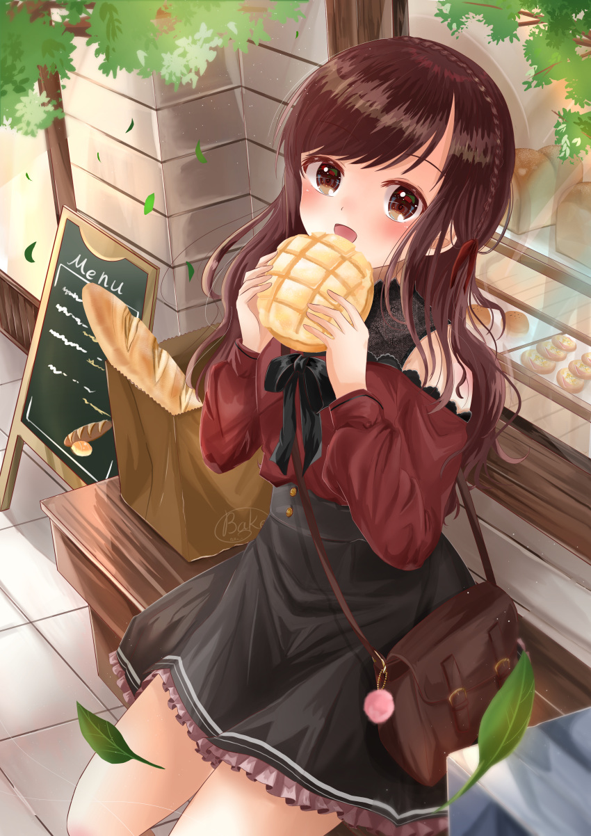 1girl absurdres bag bakery bare_shoulders bench black_bow black_skirt blush bow bowtie bread brown_bag brown_hair cafe commentary_request eyebrows_visible_through_hair food frills highres holding holding_food leaves_in_wind long_hair long_sleeves looking_at_viewer melon_bread menu_board original outdoors paper_bag red_shirt restaurant riri526perc-lov shirt shop skirt smile solo