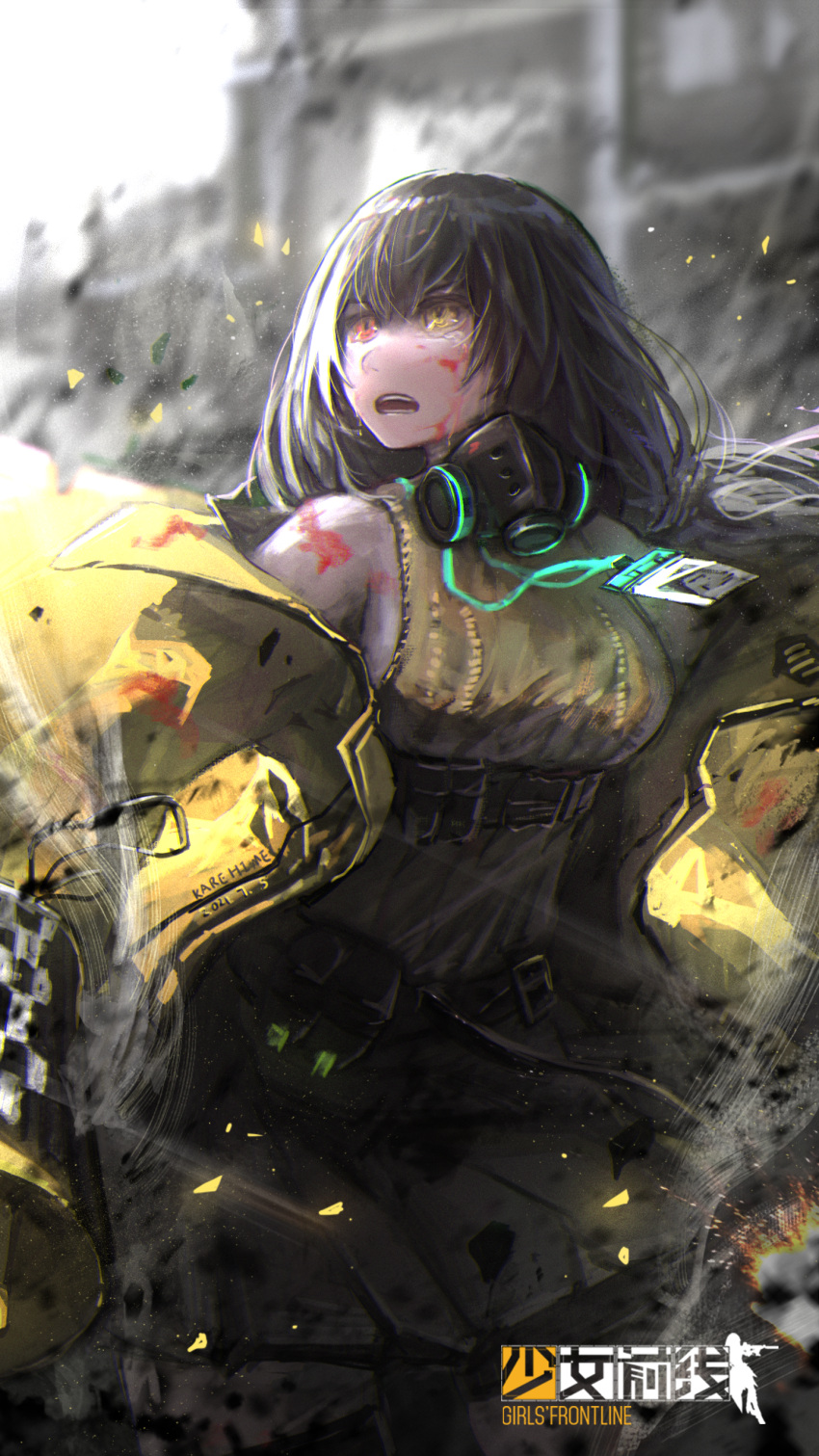 1girl absurdres bangs black_hair blood blood_on_face blood_stain bloody_clothes blurry blurry_background breasts chinese_commentary commentary copyright_name crying crying_with_eyes_open fish_g gas_mask girls_frontline heterochromia highres jacket large_breasts long_hair looking_up mod3_(girls_frontline) multicolored_hair name_tag open_mouth red_eyes ro635_(girls_frontline) shirt sleeveless sleeveless_shirt sleeveless_sweater solo standing streaked_hair tears two-tone_hair white_hair yellow_eyes yellow_jacket