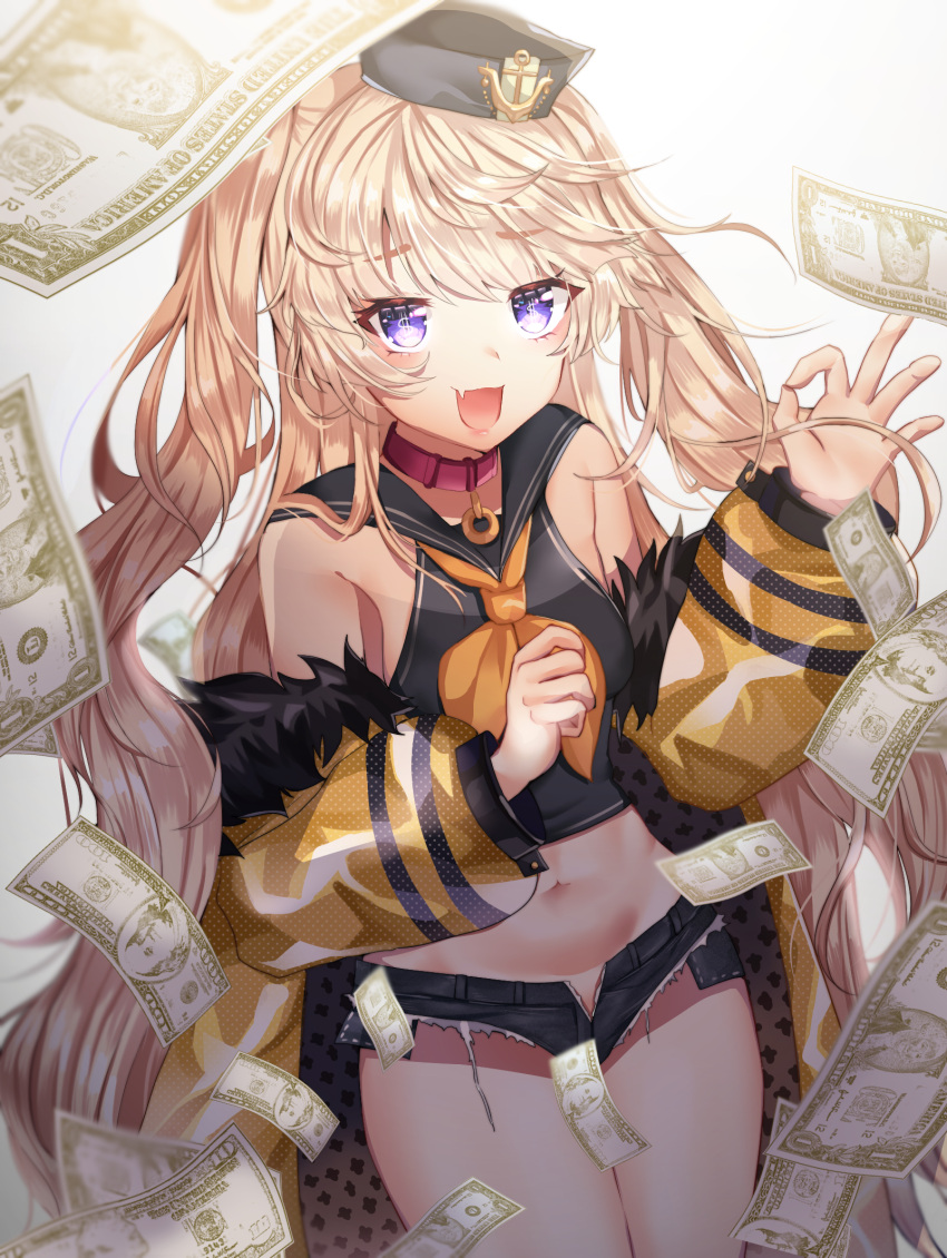 1girl :d anchor_symbol armpit_crease azur_lane bache_(azur_lane) bangs bare_shoulders black_headwear black_sailor_collar black_shirt blonde_hair breasts collar commentary cowboy_shot cutoffs dollar_bill exposed_pocket eyebrows_visible_through_hair falling_money fang fur-trimmed_jacket fur_trim hands_up hat highres hunbutu jacket long_hair long_sleeves looking_at_viewer micro_shorts midriff money money-shaped_pupils navel neckerchief off_shoulder ok_sign open_clothes open_mouth open_shorts pink_collar sailor_collar sailor_hat shirt shorts sidelocks simple_background small_breasts smile solo standing swept_bangs symbol-shaped_pupils two_side_up violet_eyes white_background yellow_jacket yellow_neckwear