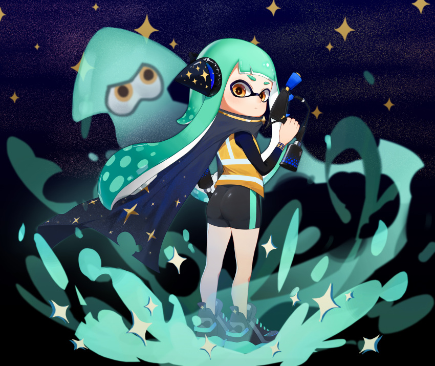 1girl absurdres aqua_hair ass bangs black_footwear blue_cape blunt_bangs cape closed_mouth gradient gradient_cape gradient_clothes grey_cape gun headgear highres holding holding_gun holding_weapon huge_filesize inkling long_hair looking_at_viewer looking_back orange_eyes solo splatoon_(series) standing star_(sky) star_(symbol) star_print tentacle_hair tight torn torn_cape torn_clothes weapon weird_did_you_paint_today?