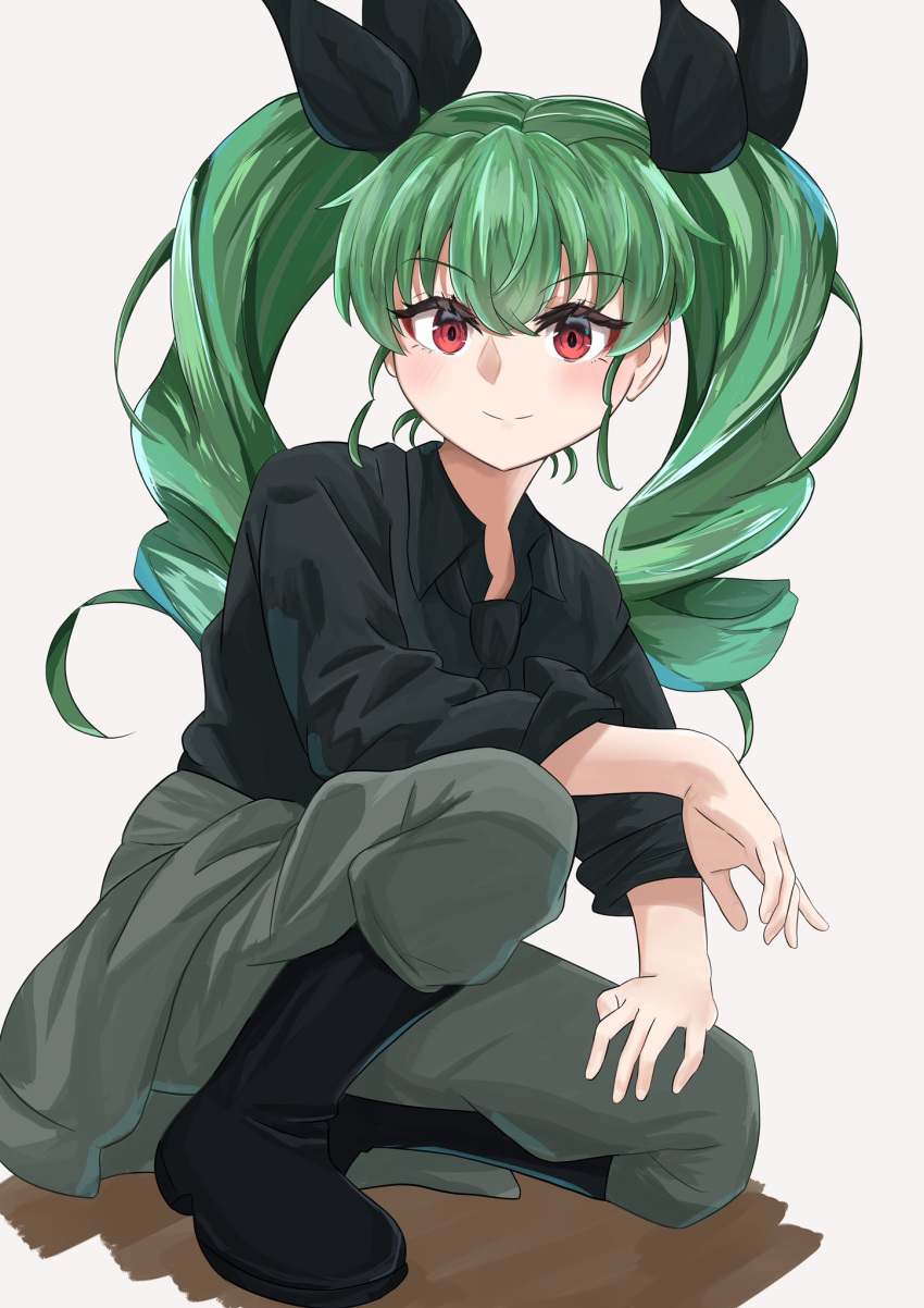 1girl anchovy_(girls_und_panzer) anzio_military_uniform bangs black_footwear black_ribbon black_shirt boots closed_mouth clothes_around_waist commentary dress_shirt drill_hair elbow_on_knee eyebrows_visible_through_hair girls_und_panzer green_hair grey_background grey_pants hair_ribbon hand_on_own_knee highres jacket jacket_around_waist jacket_removed knee_boots long_hair looking_at_viewer military military_uniform one_knee pants pizakame red_eyes ribbon shadow shirt simple_background sleeves_rolled_up smile solo twin_drills twintails uniform wing_collar