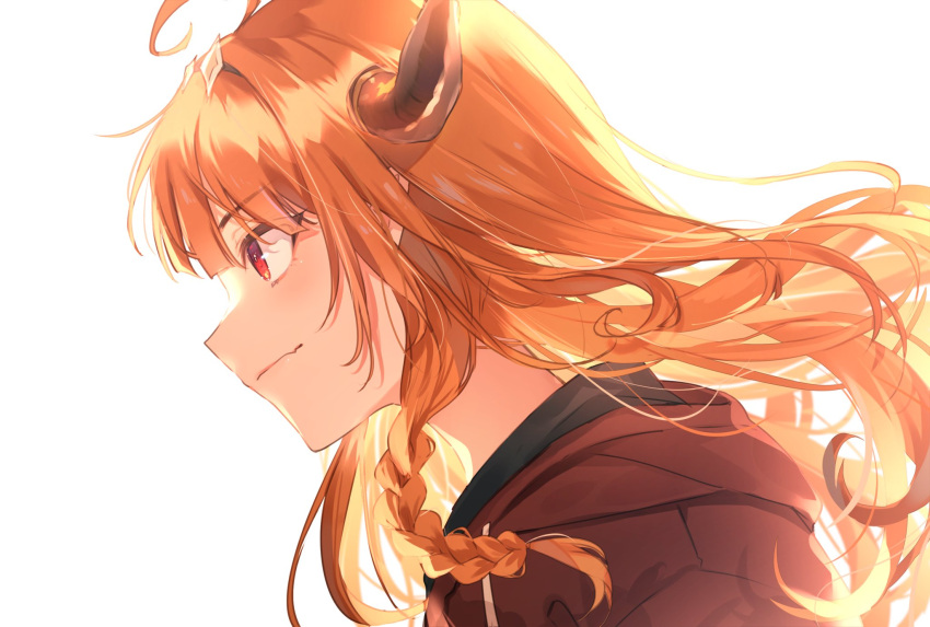 1girl ahoge backlighting closed_mouth dragon_girl dragon_horns fang hairband harui_(hr_x9_) highres hololive hood hooded_jacket horns jacket kiryu_coco profile red_eyes red_jacket skin_fang smile solo upper_body virtual_youtuber