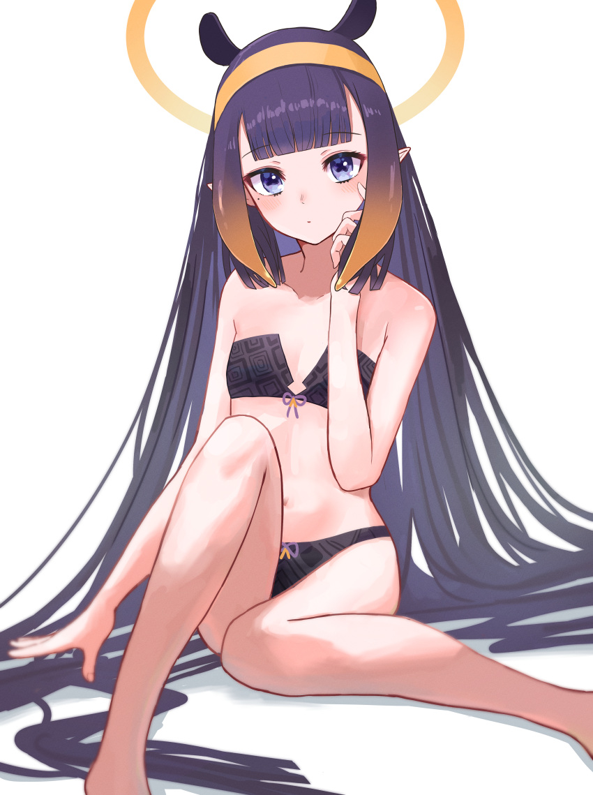 1girl absurdres adapted_costume animal_ears bangs bare_legs bare_shoulders barefoot bikini black_bikini blunt_bangs blush breasts closed_mouth commentary expressionless eyebrows_visible_through_hair feet_out_of_frame full_body gradient_hair halo hand_on_own_cheek hand_on_own_face highres hololive hololive_english huge_filesize long_hair looking_at_viewer mole mole_under_eye multicolored_hair navel ninomae_ina'nis orange_hair pointy_ears purple_hair simple_background sitting small_breasts solo stomach straight_hair swimsuit tagosaku_(tatsukiuma0329) tentacle_hair two-tone_hair very_long_hair violet_eyes virtual_youtuber white_background