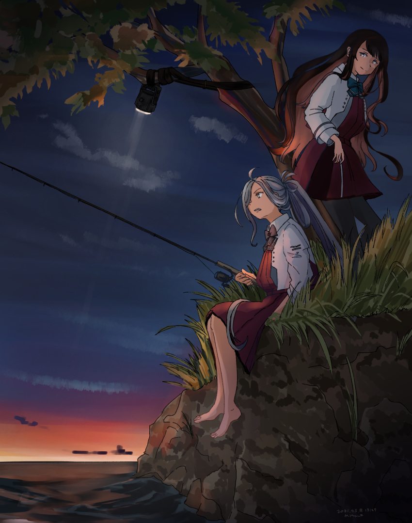 absurdres ahoge asashimo_(kancolle) barefoot black_hair blazer clouds commentary_request dawn dress dress_shirt fishing fishing_rod gradient_sky grey_legwear hair_over_one_eye halterneck headlight highres jacket kantai_collection kuragare long_hair multicolored_hair naganami_(kancolle) pantyhose pink_hair pleated_dress ponytail purple_dress remodel_(kantai_collection) school_uniform shirt silver_hair sitting sky tree two-tone_hair water white_shirt