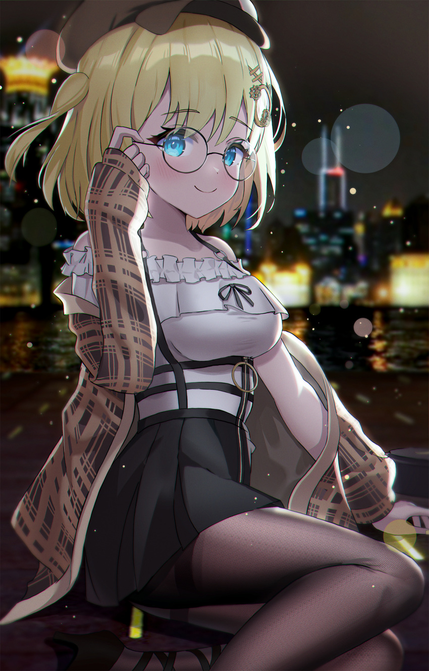 1girl adjusting_eyewear bangs black_skirt blonde_hair blouse blue_eyes breasts closed_mouth detective glasses hair_ornament hat highres hololive hololive_english holomyth loloco looking_at_viewer medium_breasts monocle_hair_ornament ribbon short_hair sitting skirt sleeves_past_wrists smile solo virtual_youtuber watson_amelia white_blouse